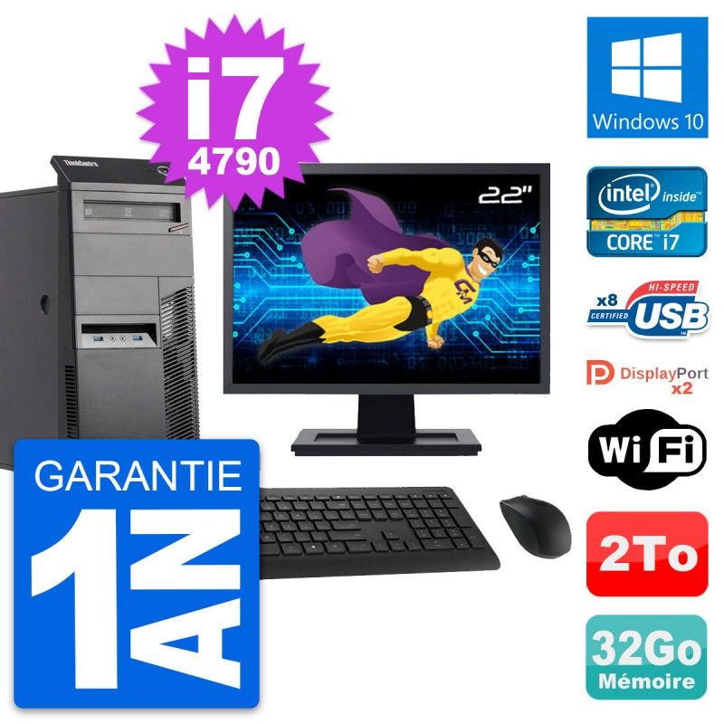 Lenovo M83 Desktop PC - 22" Screen, Intel i7-4790, 32GB RAM, 2TB HDD, Windows 10, WiFi