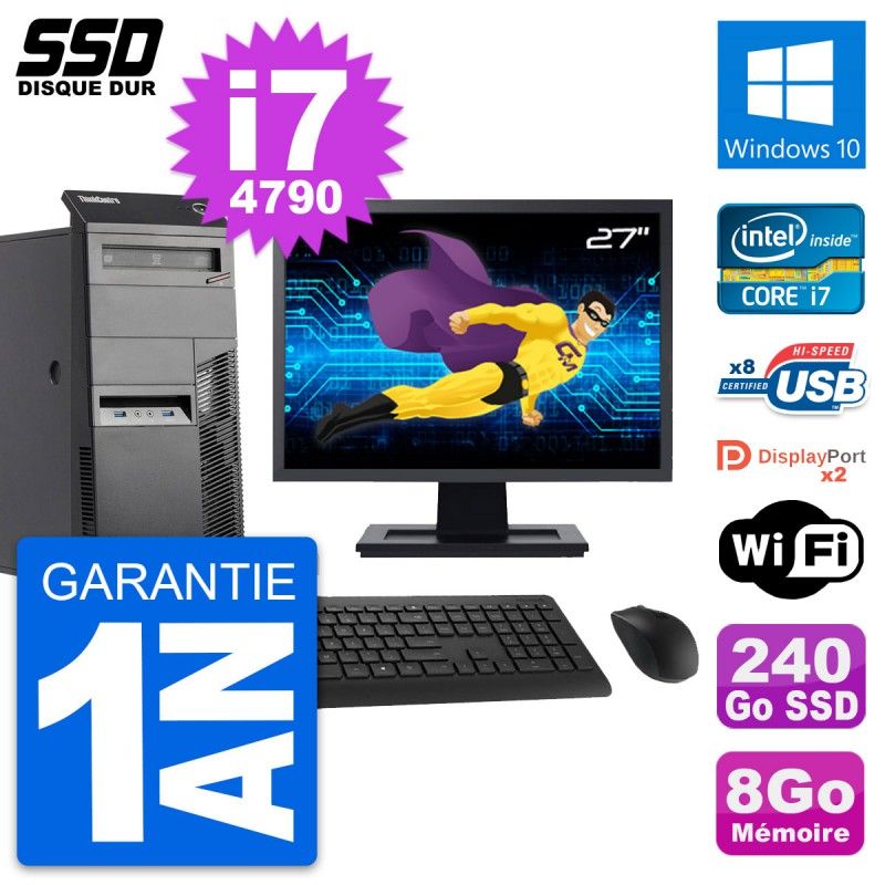 Lenovo M83 Tower PC - 27" Display, Intel i7-4790, 8GB RAM, 240GB SSD, Windows 10, WiFi