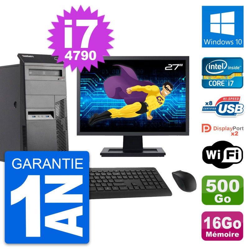 Lenovo ThinkCentre M83 Desktop Computer - 27" Screen, Intel i7-4790, 16GB RAM, 500GB HDD, Windows 10, WiFi