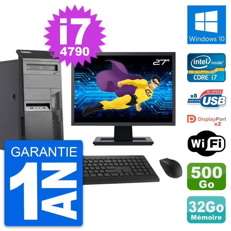Lenovo ThinkCentre M83 Desktop - 27" Screen, Intel i7-4790, 32GB RAM, 500GB HDD, Windows 10