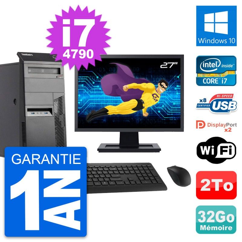 Lenovo M83 Desktop Computer - 27" Screen, Intel i7-4790, 32GB RAM, 2TB Hard Drive, Windows 10, WiFi
