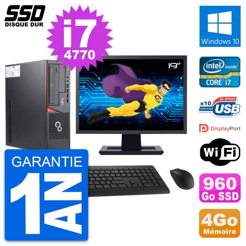 Fujitsu E720 E85+ DT 19" Screen Core i7-4770 4GB RAM 960GB SSD Windows 10 Wifi Desktop PC