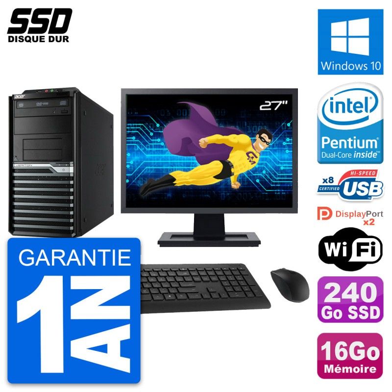 Ordinateur de bureau Acer Veriton M4630G tout-en-un 27 pouces - Processeur Intel Pentium G3220, 16 Go de RAM, 240 Go SSD, Windows 10