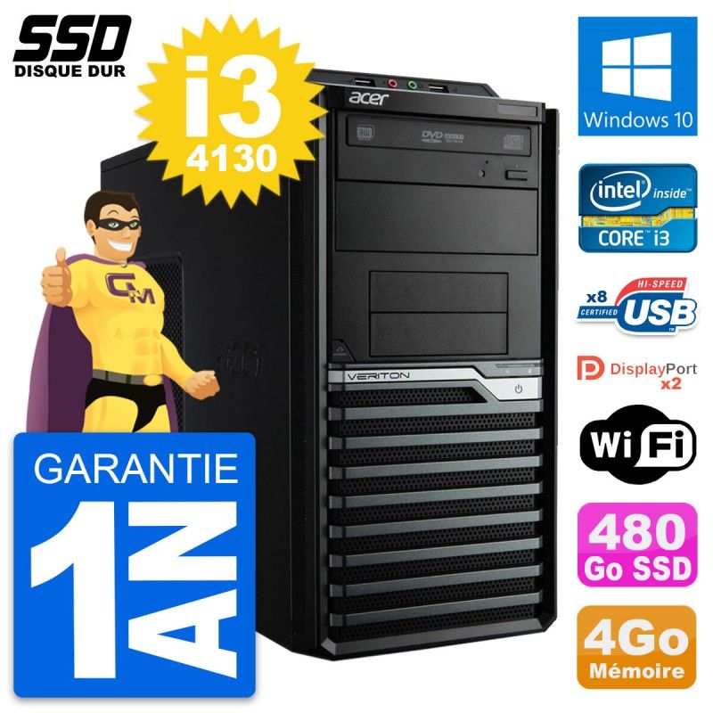 PC de escritorio Acer Veriton M4630G - Procesador Intel Core i3-4130, 4 GB de RAM, 480 GB SSD, Windows 10, WiFi