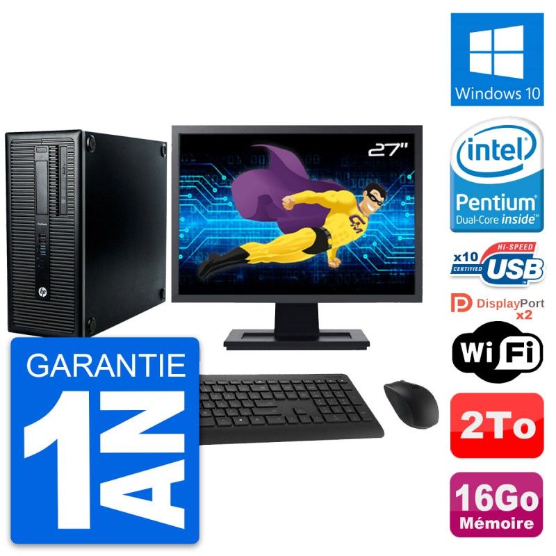 HP ProDesk 600 G1 Desktop PC - 27" Display, Intel Pentium G3220, 16GB RAM, 2TB HDD, Windows 10, WiFi