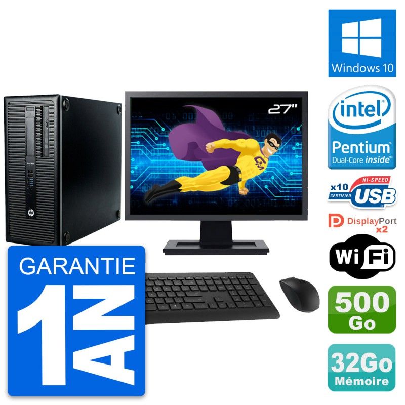 HP ProDesk 600 G1 Desktop Computer, 27-inch Screen, Intel Pentium G3220, 32GB RAM, 500GB HDD, Windows 10, Wi-Fi