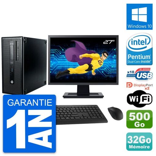 HP ProDesk 600 G1 Desktop Computer, 27-inch Screen, Intel Pentium G3220, 32GB RAM, 500GB HDD, Windows 10, Wi-Fi