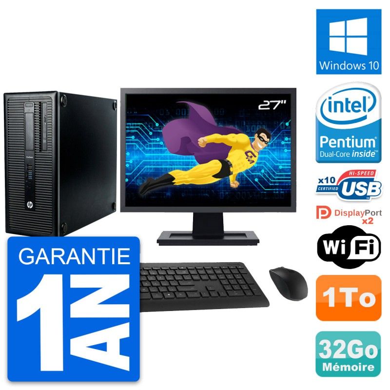 HP ProDesk 600 G1 Desktop PC - 27" Screen, Intel Pentium G3220, 32GB RAM, 1TB HDD, Windows 10, WiFi