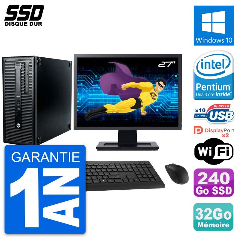 HP ProDesk 600 G1 Desktop PC - 27" Screen, Intel Pentium G3220, 32GB RAM, 240GB SSD, Windows 10, WiFi
