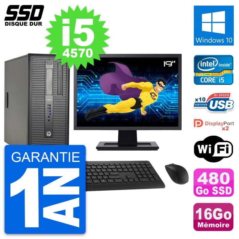 HP ProDesk 600 G1 Desktop PC - 19-inch Display, i5-4570, 16GB RAM, 480GB SSD, Windows 10, WiFi