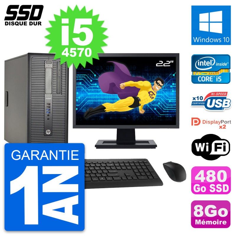 HP ProDesk 600 G1 Desktop PC - 22" Screen, i5-4570, 8GB RAM, 480GB SSD, Windows 10, WiFi