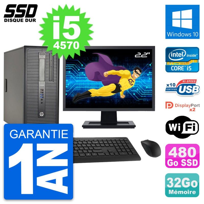 HP ProDesk 600 G1 Desktop Computer, 22" Screen, i5-4570, 32GB RAM, 480GB SSD, Windows 10, WiFi