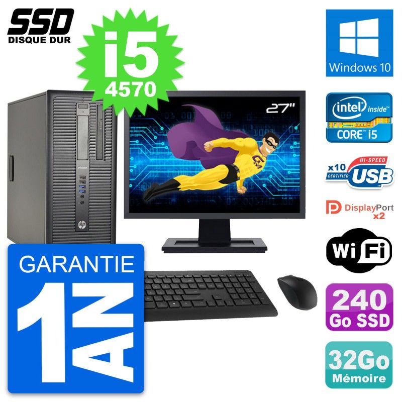 HP ProDesk 600 G1 Desktop Computer, 27-inch Display, i5-4570, 32GB RAM, 240GB SSD, Windows 10, WiFi