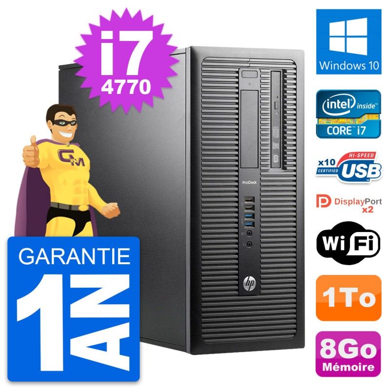 Ordinateur de bureau HP ProDesk 600 G1 - Processeur Intel i7-4770, 8 Go de RAM, Disque dur de 1 To, Windows 10, WiFi