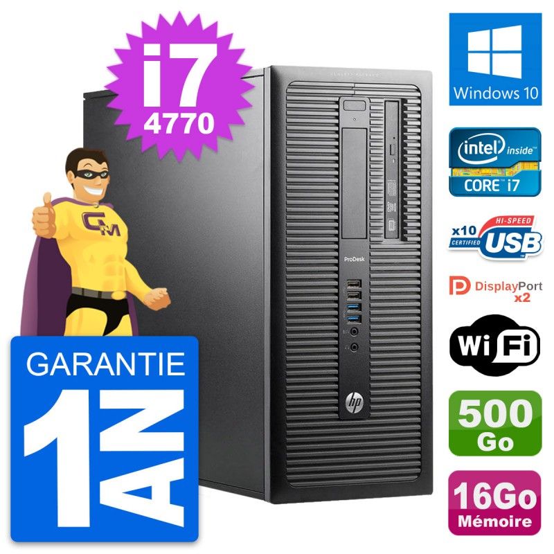 Ordinateur de bureau HP ProDesk 600 G1 - Processeur Intel i7-4770, 16 Go de RAM, 500 Go SSD, Windows 10, WiFi