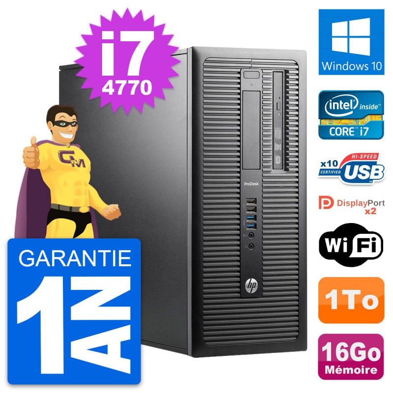 Ordinateur de bureau HP ProDesk 600 G1 - Processeur Intel i7-4770, 16 Go de RAM, 1 To de SSD, Windows 10, Wi-Fi