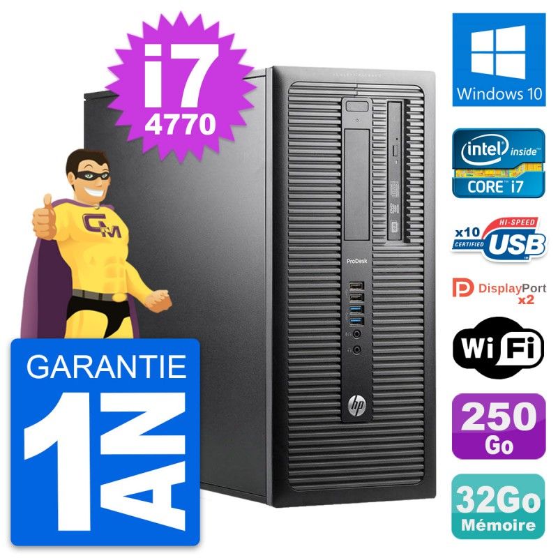 Ordinateur de bureau HP ProDesk 600 G1 - Processeur Intel i7-4770, 32 Go de RAM, 250 Go SSD, Windows 10, Wi-Fi