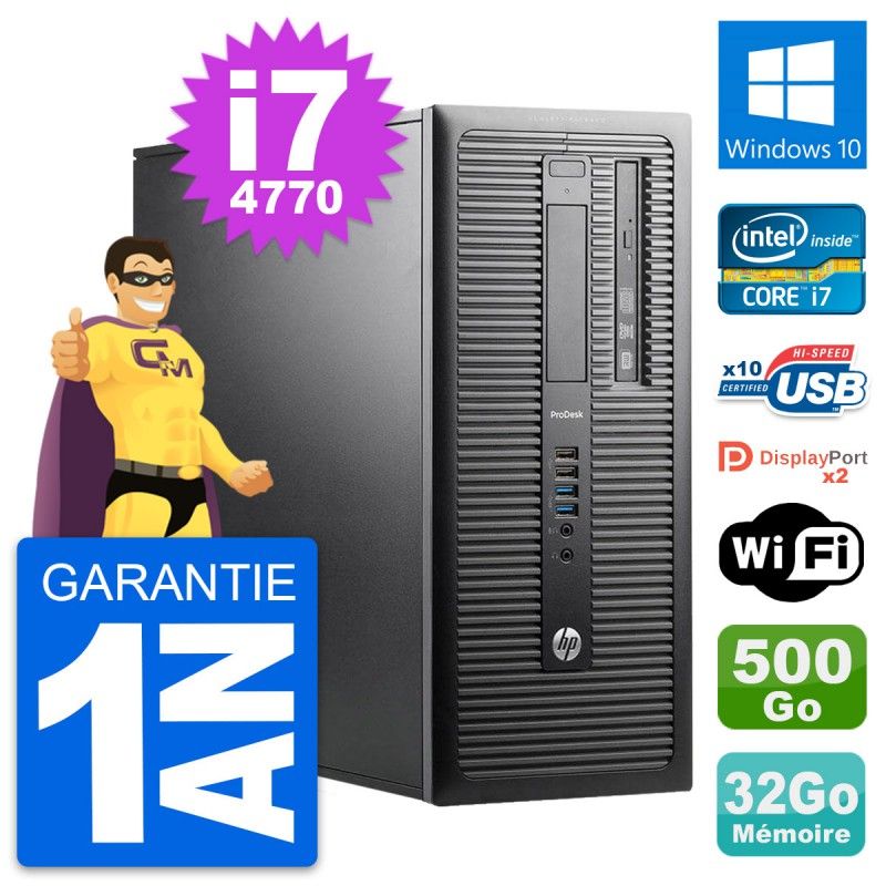 Ordinateur de bureau HP ProDesk 600 G1 - Processeur Intel Core i7-4770, 32 Go de RAM, 500 Go SSD, Windows 10, WiFi