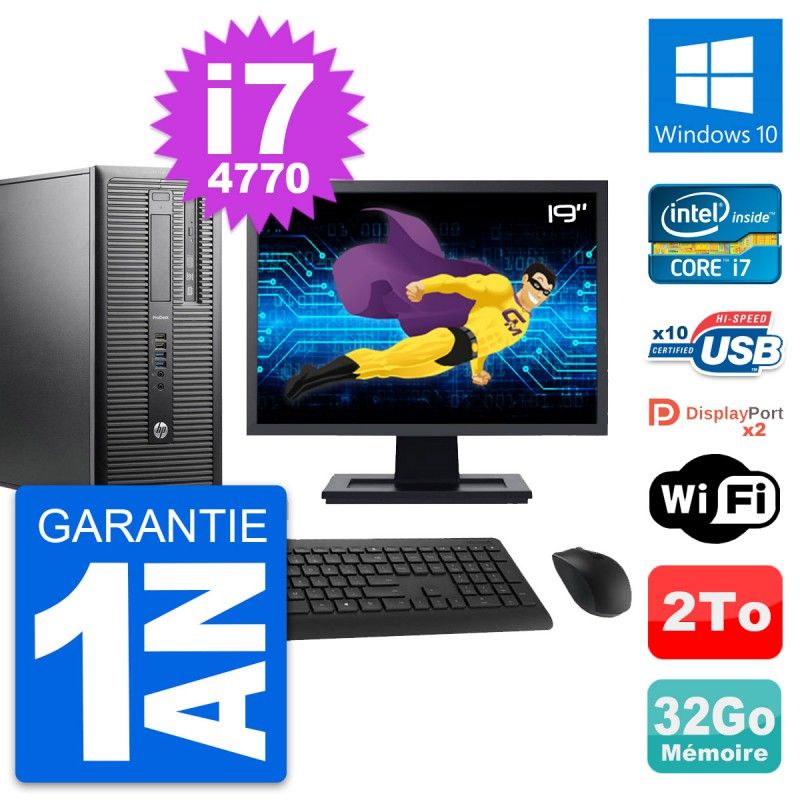 Ordinateur de bureau HP ProDesk 600 G1 - Écran 19'', Intel Core i7-4770, 32 Go de RAM, Disque dur 2 To, Windows 10, WiFi