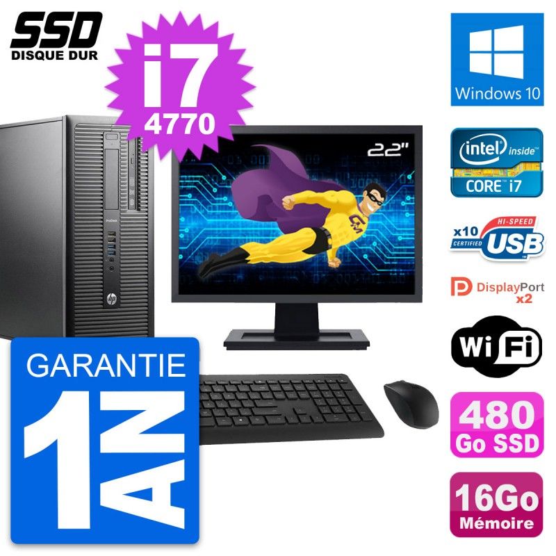 HP ProDesk 600 G1 Desktop Computer, 22" Screen, i7-4770, 16GB RAM, 480GB SSD, Windows 10, Wifi