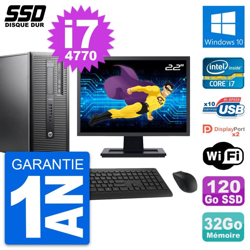 HP ProDesk 600 G1 Desktop Computer, 22" Screen, i7-4770, 32GB RAM, 120GB SSD, Windows 10, WiFi