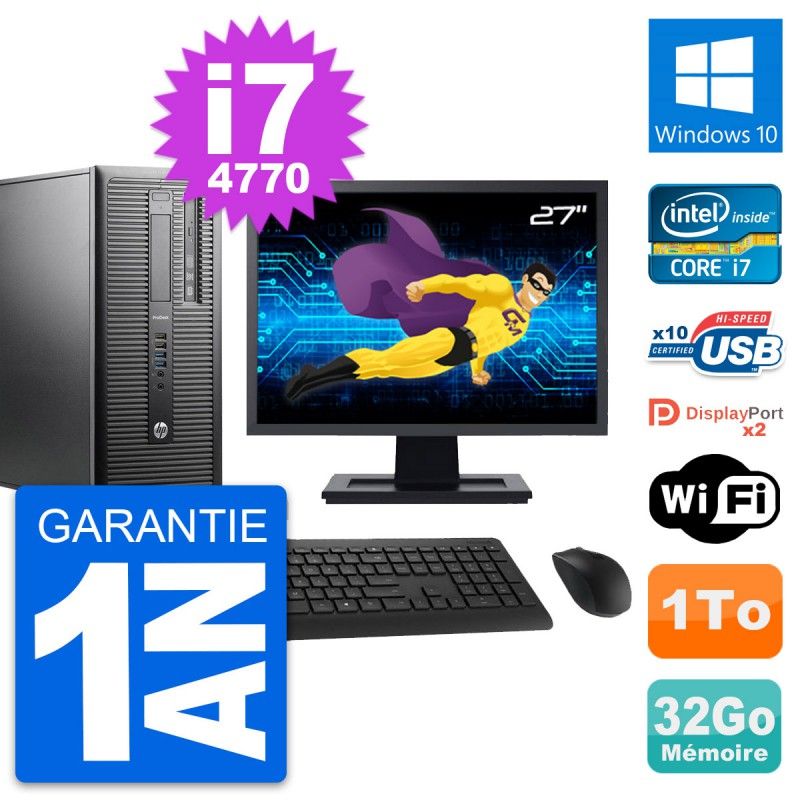 HP ProDesk 600 G1 Desktop Computer, 27" Screen, i7-4770, 32GB RAM, 1TB HDD, Windows 10, WiFi
