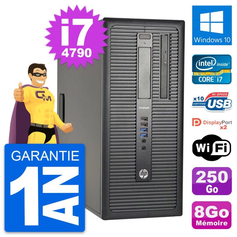Ordinateur de bureau HP ProDesk 600 G1 - Processeur Intel i7-4790, 8 Go de RAM, disque dur de 250 Go, Windows 10, WiFi