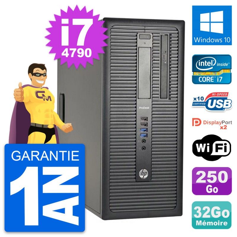 Ordinateur de bureau HP ProDesk 600 G1 - Processeur Intel i7-4790, 32 Go de RAM, 250 Go SSD, Windows 10, WiFi