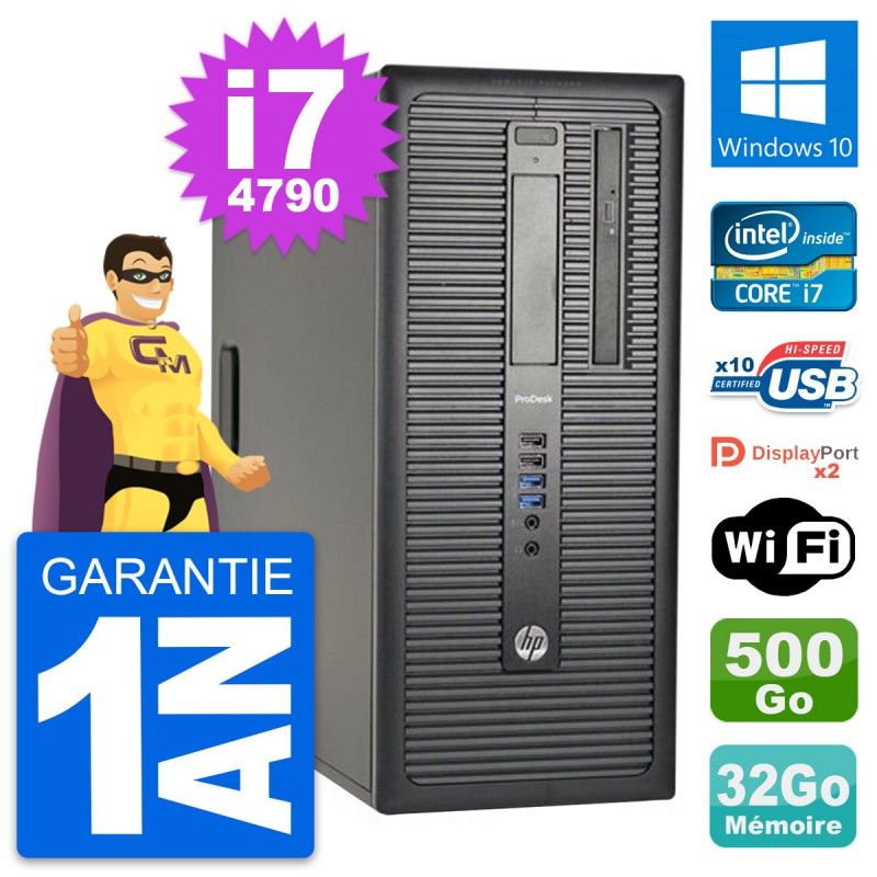 Ordinateur de bureau HP ProDesk 600 G1 - Processeur Intel i7-4790, 32 Go de RAM, Disque dur 500 Go, Windows 10, WiFi