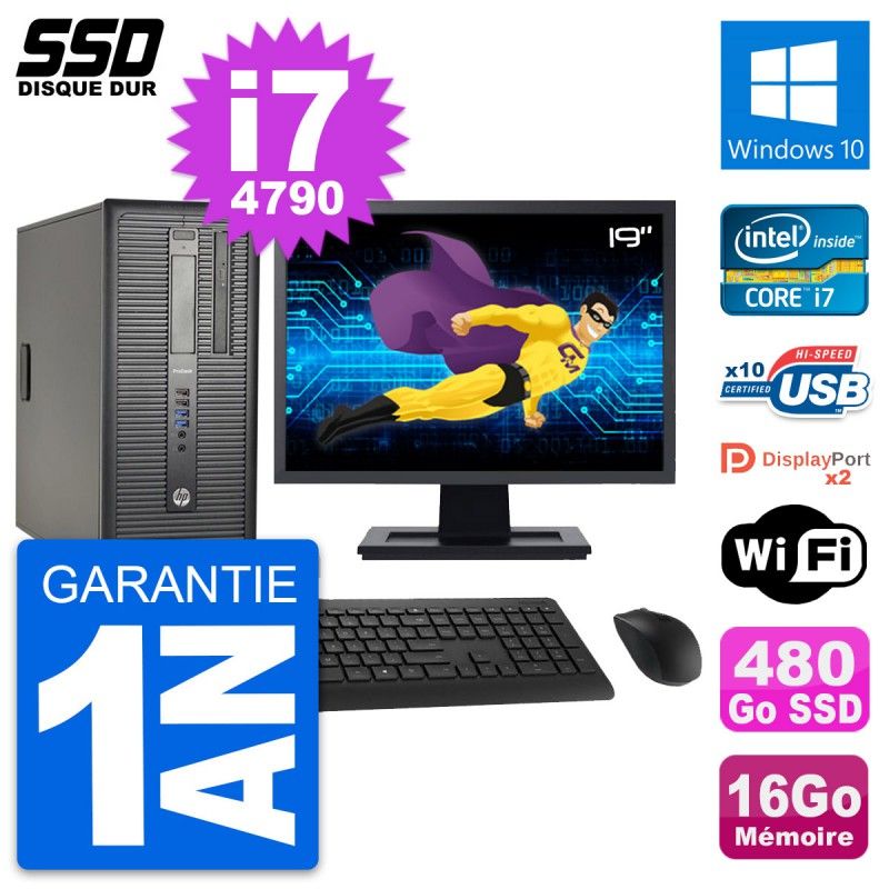 HP ProDesk 600 G1 Desktop Computer, 19-Inch Screen, i7-4790, 16GB RAM, 480GB SSD, Windows 10, WiFi