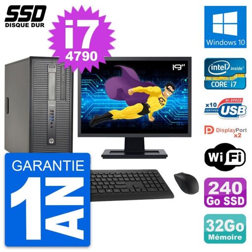 HP ProDesk 600 G1 Desktop Computer, 19" Screen, i7-4790, 32GB RAM, 240GB SSD, Windows 10, Wi-Fi