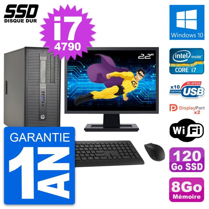 HP ProDesk 600 G1 Desktop PC - 22" Screen, i7-4790, 8GB RAM, 120GB SSD, Windows 10, Wi-Fi
