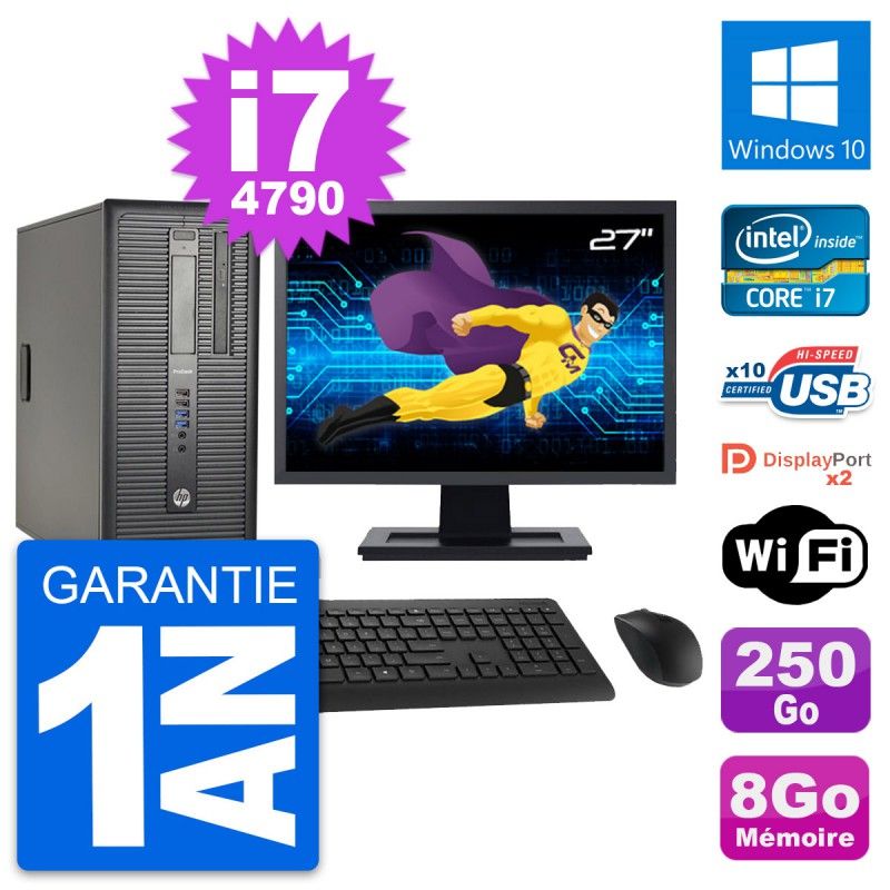 HP ProDesk 600 G1 Desktop Computer, 27" Screen, Intel i7-4790, 8GB RAM, 250GB HDD, Windows 10