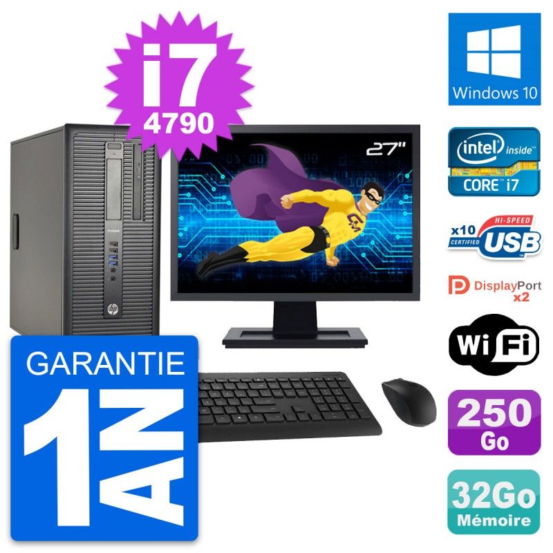 HP ProDesk 600 G1 Desktop PC - 27" Screen, Intel i7-4790, 32GB RAM, 250GB SSD, Windows 10, WiFi