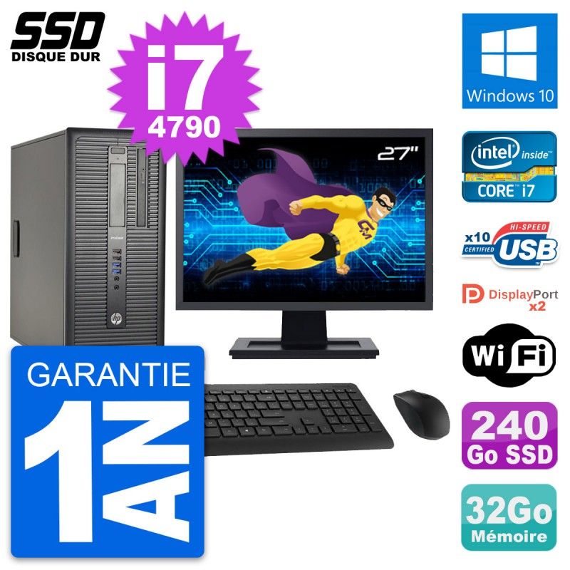 HP ProDesk 600 G1 Desktop PC - 27" Screen, i7-4790, 32GB RAM, 240GB SSD, Windows 10, WiFi