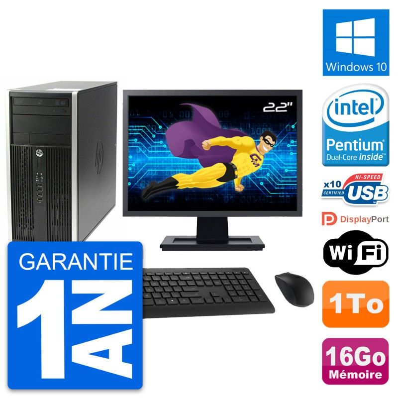 HP Compaq Pro 6200 CMT Desktop PC - 22" Screen, Intel Pentium G630, 16GB RAM, 1TB HDD, Windows 10, WiFi