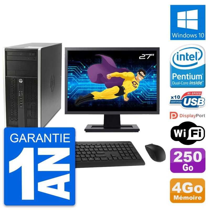 HP Compaq Pro 6200 CMT PC - 27" Display, Intel Pentium G630, 4GB RAM, 250GB HDD, Windows 10, WiFi