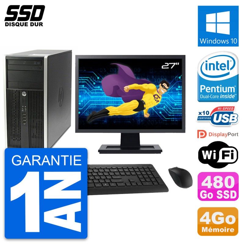 HP Compaq Pro 6200 CMT Desktop PC - 27" Screen, Intel G630, 4GB RAM, 480GB SSD, Windows 10, WiFi