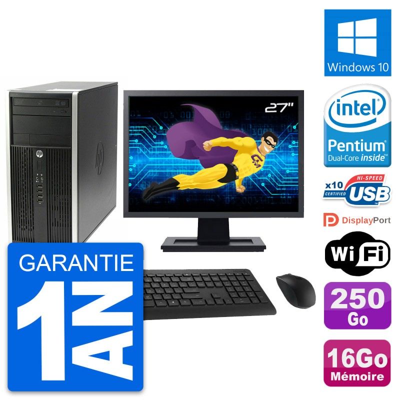 HP Compaq Pro 6200 CMT Desktop Computer - 27" Screen, Intel Pentium G630 2.7GHz, 16GB RAM, 250GB HDD, Windows 10, WiFi