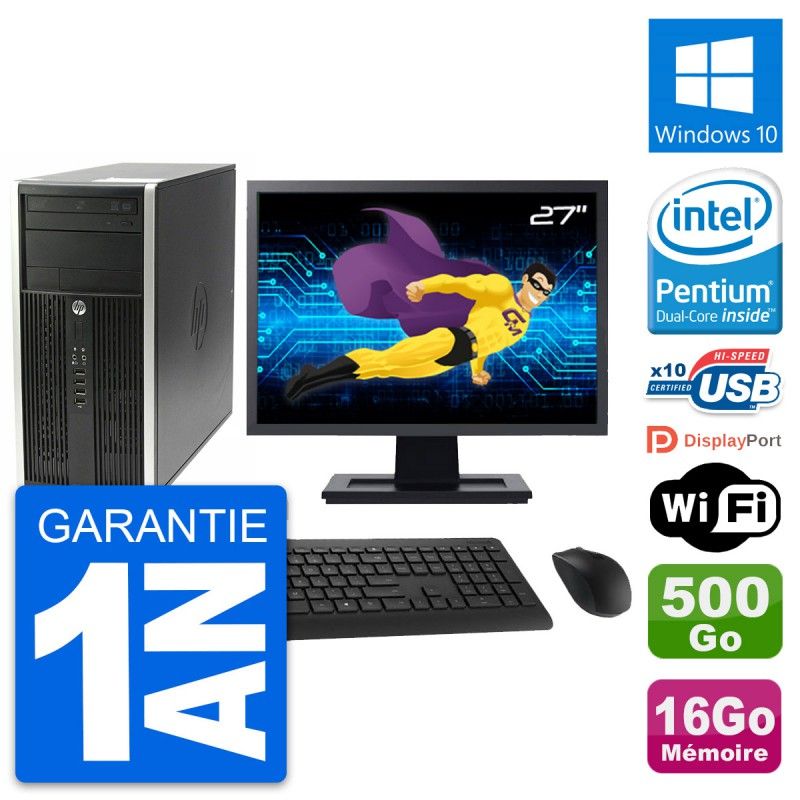 HP Compaq Pro 6200 CMT PC - 27" Screen, Intel Pentium G630, 16GB RAM, 500GB HDD, Windows 10, WiFi