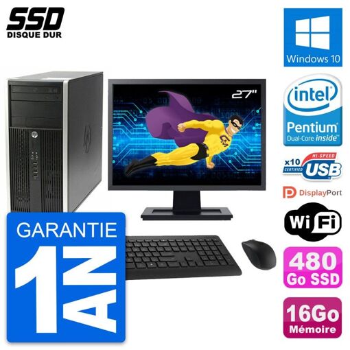 HP Compaq Pro 6200 CMT Desktop PC - 27" Screen, Intel G630, 16GB RAM, 480GB SSD, Windows 10, WiFi