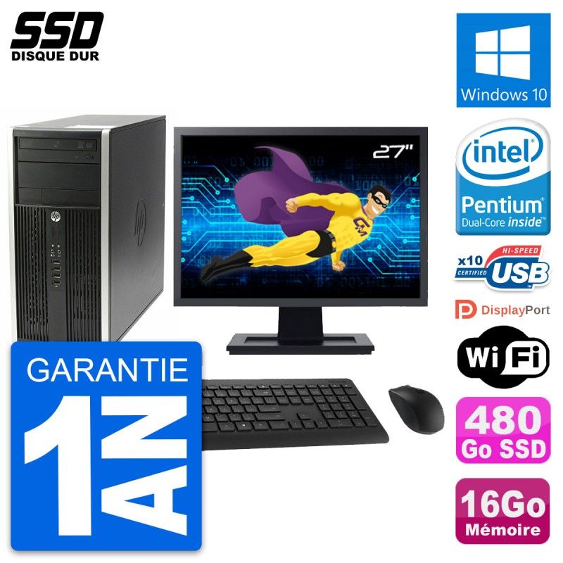 HP Compaq Pro 6200 CMT Desktop PC - 27" Screen, Intel G630, 16GB RAM, 480GB SSD, Windows 10, WiFi