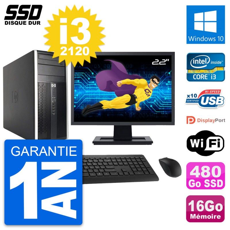 HP Compaq Pro 6200 CMT PC - 22" Screen, Intel i3-2120, 16GB RAM, 480GB SSD, Windows 10, WiFi