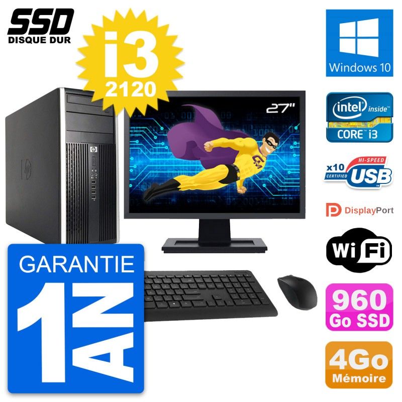 HP Compaq Pro 6200 CMT Desktop PC - 27" Screen, Intel Core i3-2120, 4GB RAM, 960GB SSD, Windows 10, WiFi