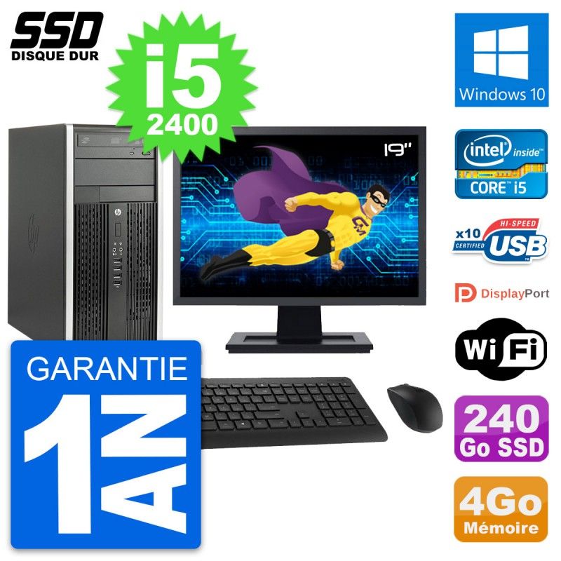 HP Compaq Pro 6200 CMT Desktop PC - 19" Screen, Core i5-2400, 4GB RAM, 240GB SSD, Windows 10, WiFi