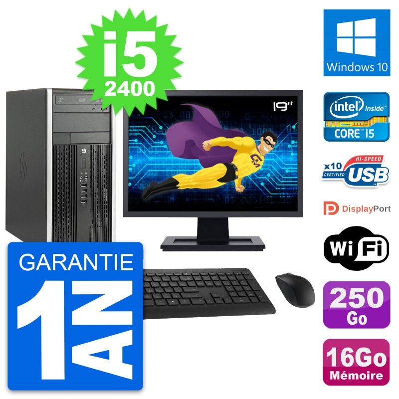 HP Compaq Pro 6200 CMT Desktop PC - 19" Screen, i5-2400, 16GB RAM, 250GB HDD, Windows 10, WiFi