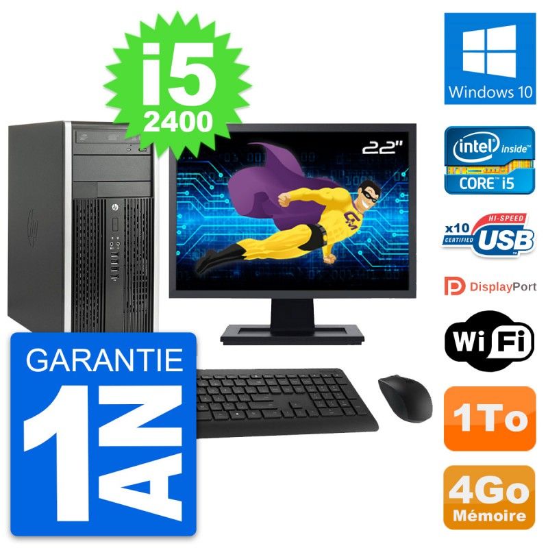 HP Compaq Pro 6200 Micro Tower CMT - 22" Screen, i5-2400, 4GB RAM, 1TB HDD, Windows 10, WiFi