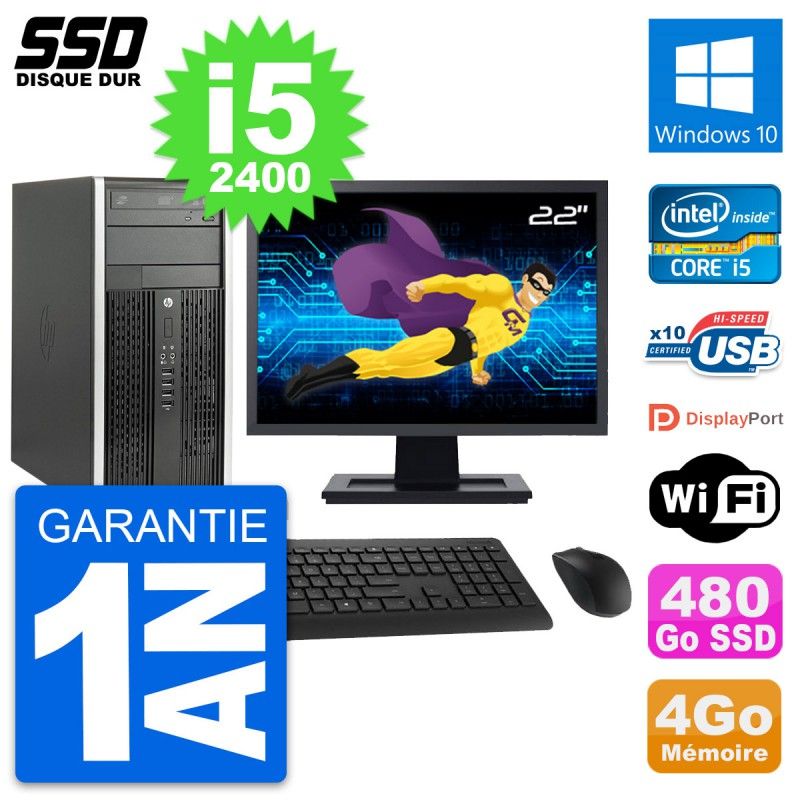 HP Compaq Pro 6200 CMT PC - 22" Screen, Core i5-2400, 4GB RAM, 480GB SSD, Windows 10, WiFi