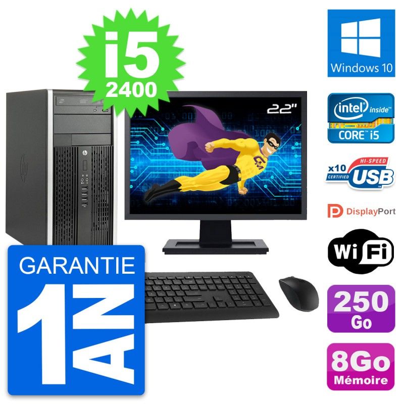HP Compaq Pro 6200 CMT Desktop PC - 22" Screen, i5-2400, 8GB RAM, 250GB Hard Drive, Windows 10, WiFi