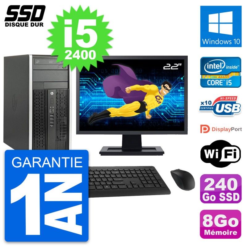 HP Compaq Pro 6200 CMT Desktop PC - 22" Screen, Core i5-2400, 8GB RAM, 240GB SSD, Windows 10, WiFi